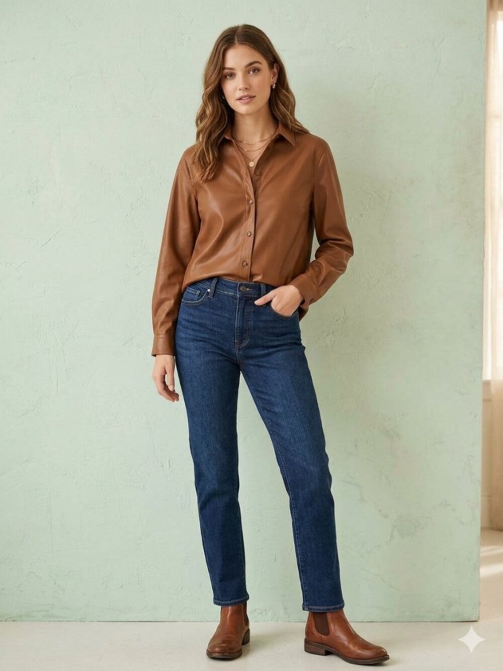 HUE Faux Leather Button Down Shirt Jacket Shacket Cognac Brown M